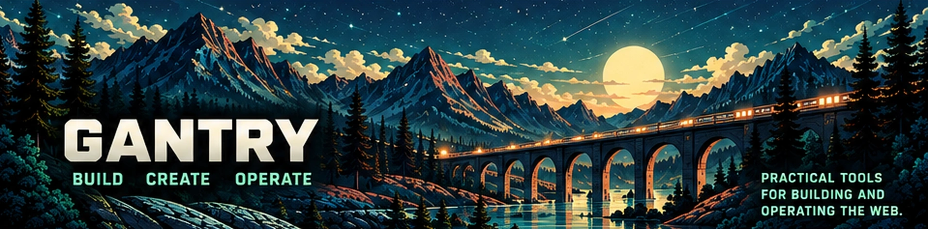 Gantry illustrated bridge and mountain banner